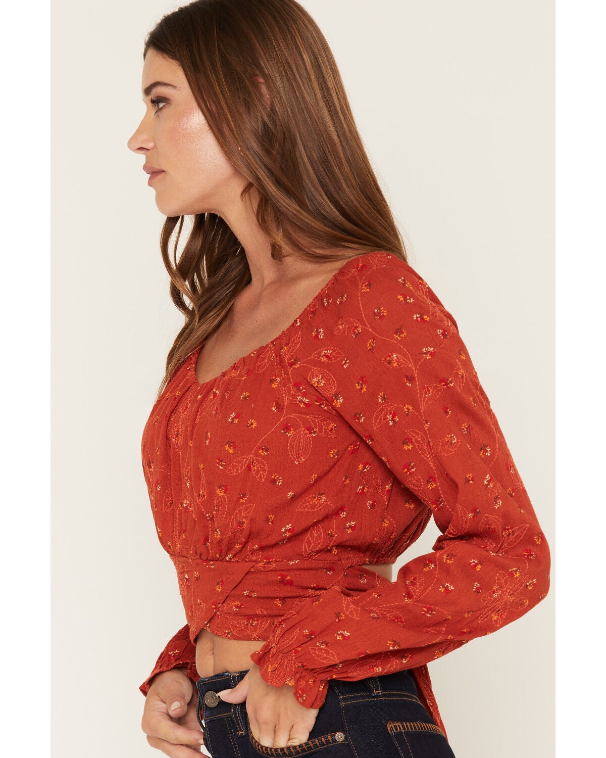 Image #2 - Wild Moss Women's Boot Barn Exclusive Floral Embroidered Tie-Back Top, Rust Copper, hi-res