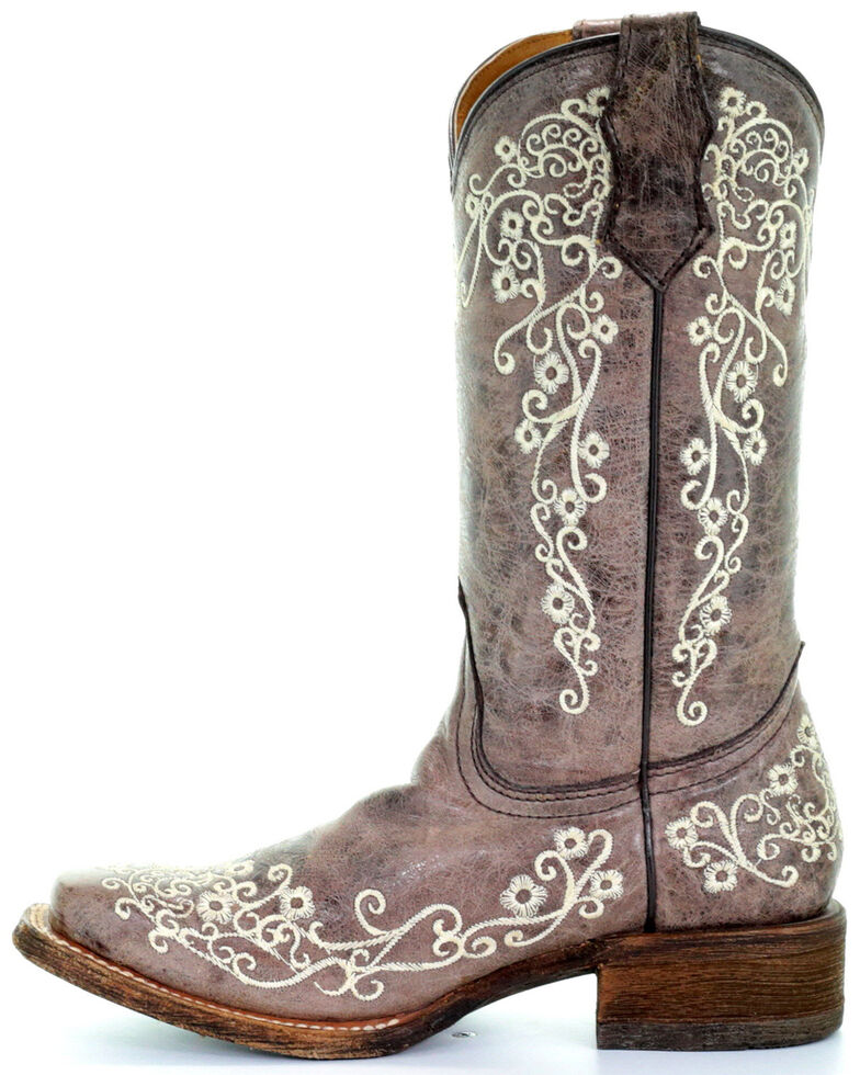 Corral Girls' Crater Bone Embroidered Western Boots - Square Toe, Brown, hi-res
