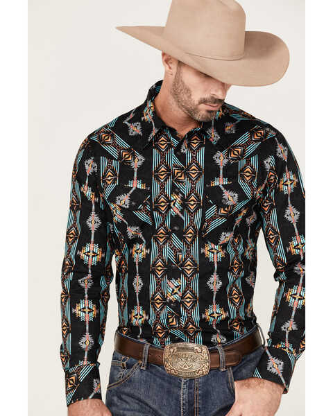 Image #2 - Rock & Roll Denim Men's Vertical Southwestern Print Long Sleeve Snap Western Shirt , Black, hi-res