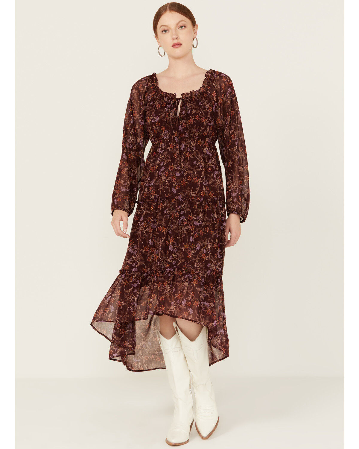 Image #1 - Wild Moss Women's Floral Print Long Sleeve Mini Dress, Burgundy, hi-res
