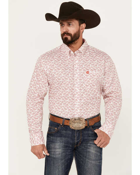 George Strait by Wrangler Men's Floral Print Long Sleeve Button-Down Western Shirt, Red, hi-res