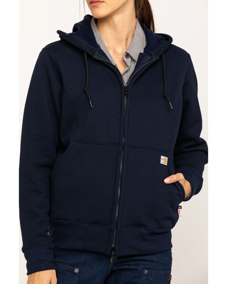 Carhartt Women's FR Rain Defender Hooded Heavyweight Zip Sweatshirt, Navy, hi-res