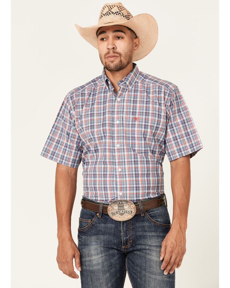 Ariat Men's Flint Small Plaid Short Sleeve Button-Down Western Shirt , Blue, hi-res