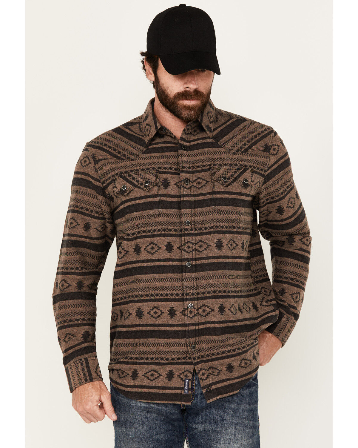 Image #1 - Moonshine Spirit Men's Deer Valley Southwestern Striped Long Sleeve Snap Western Shirt, Black, hi-res