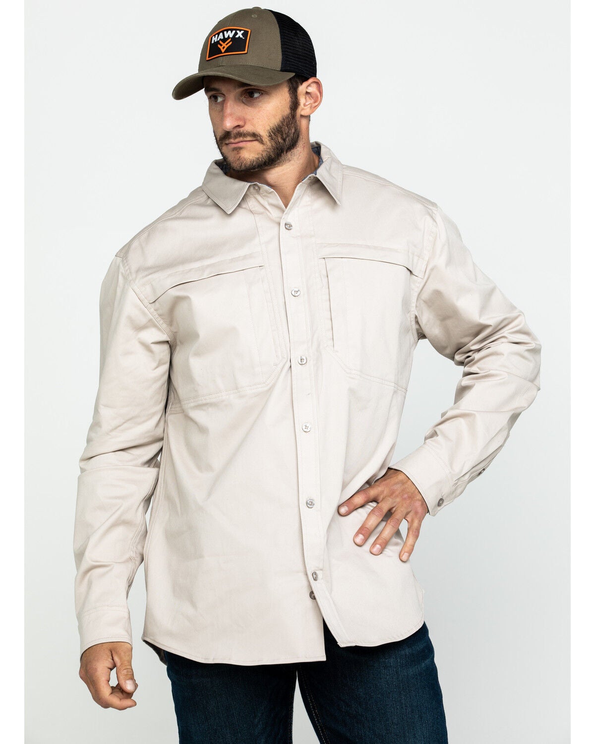 Hawx Men's Khaki Stretch Twill Long Sleeve Work Shirt, Beige/khaki, hi-res
