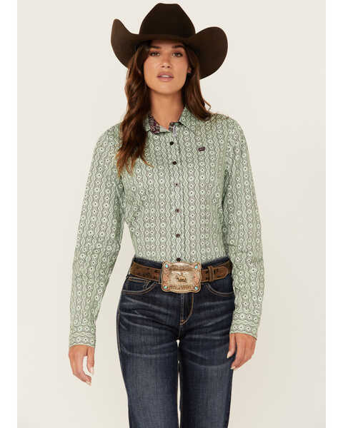 Image #1 - Cinch Women's Printed Long Sleeve Button Down Western Shirt, Green, hi-res