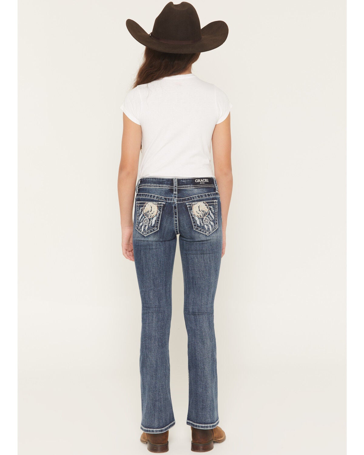 Grace in LA Girls' Dark Wash Dreamcatcher Pocket Bootcut Stretch Denim Jeans, Dark Wash, hi-res
