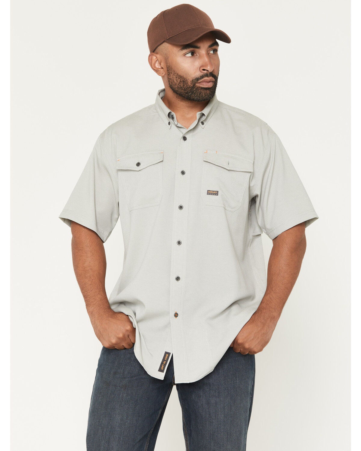 Ariat Men's Rebar Made Tough VentTEK Short Sleeve Button-Down Stretch Work Shirt, Light Grey, hi-res
