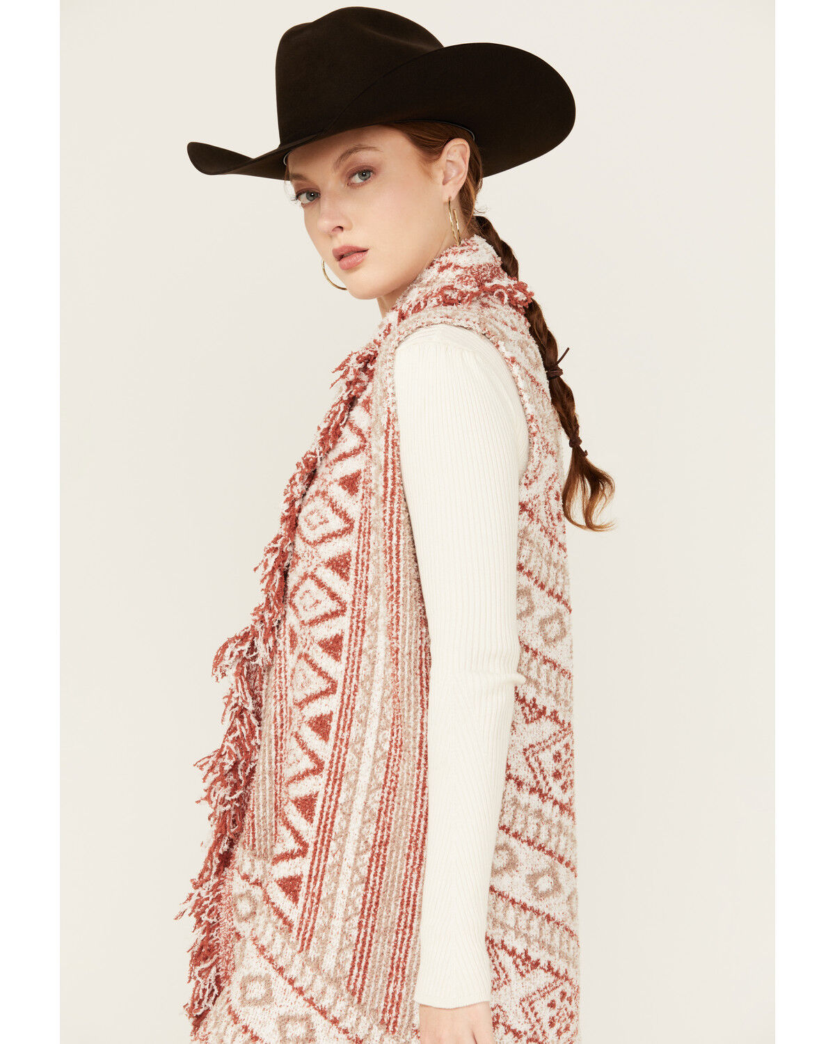 Image #2 - Miss Me Women's Southwestern Print Fringe Long Knit Vest, Red, hi-res