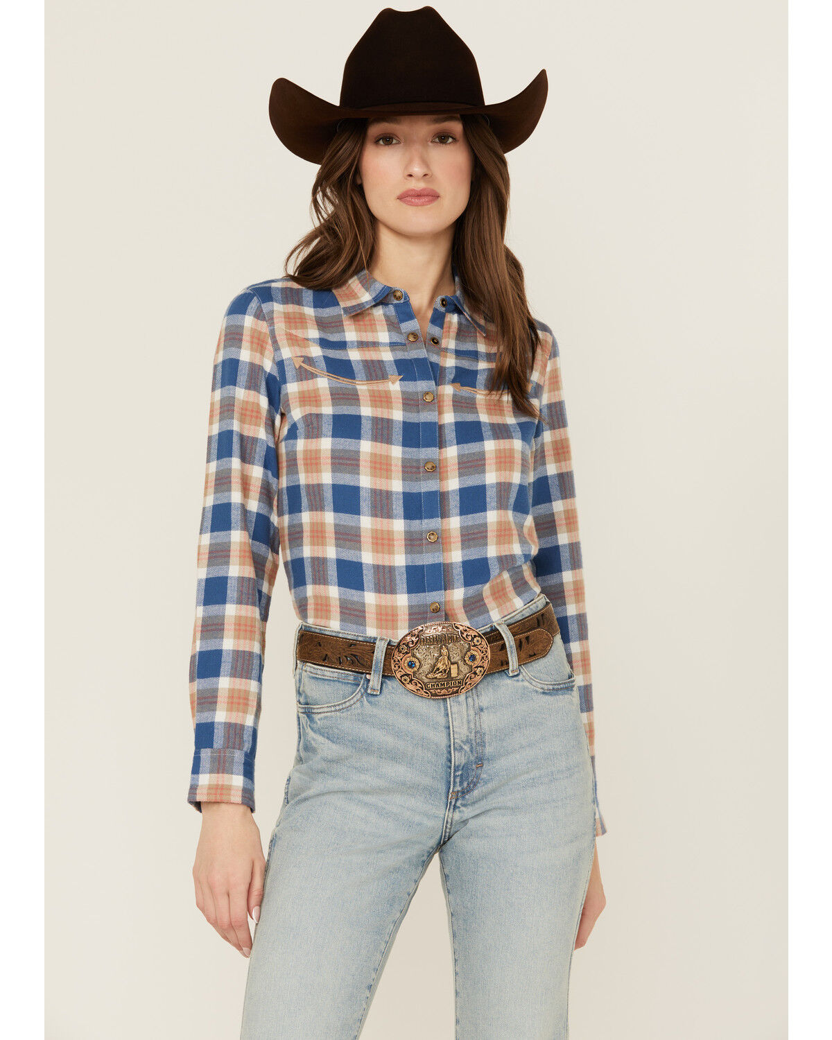 Image #1 - Shyanne Women's Plaid Print Long Sleeve Snap Flannel Shirt, Off White, hi-res