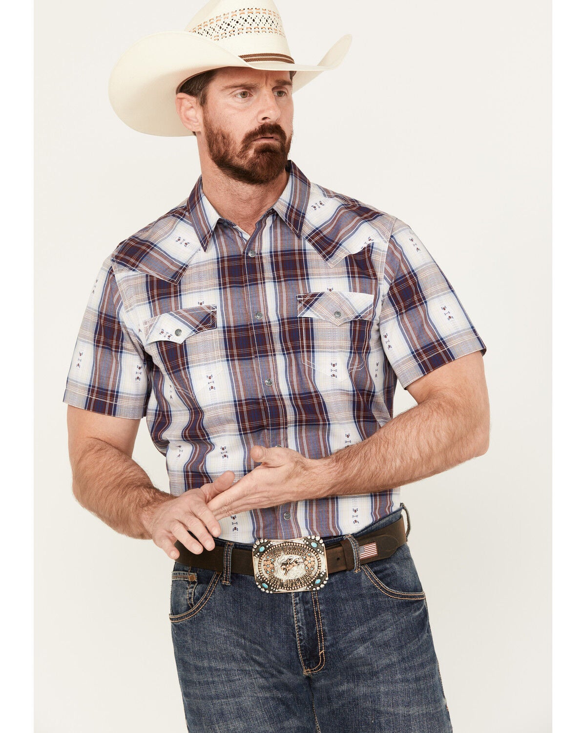 Cody James Men's Dog Southwestern Dobby Plaid Print Short Sleeve Western Snap Shirt, Tan, hi-res