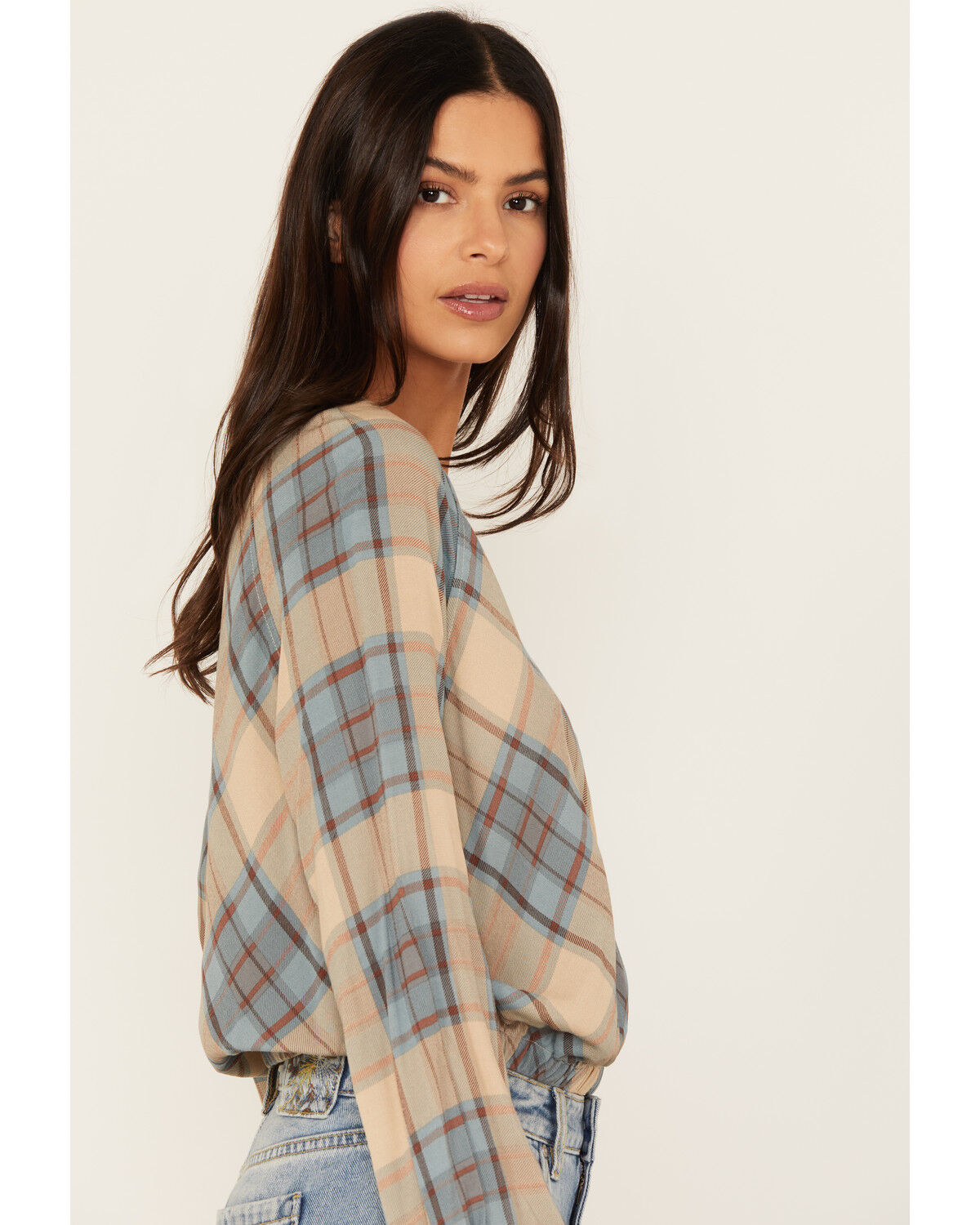 Image #2 - Cleo + Wolf Women's Plaid Print Blouson Crossover Top, Wheat, hi-res