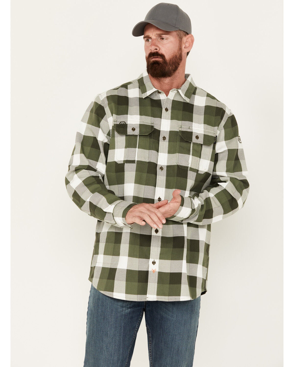 Hawx Men's FR Midweight Plaid Print Long Sleeve Button-Down Work Shirt - Big & Tall, Olive, hi-res