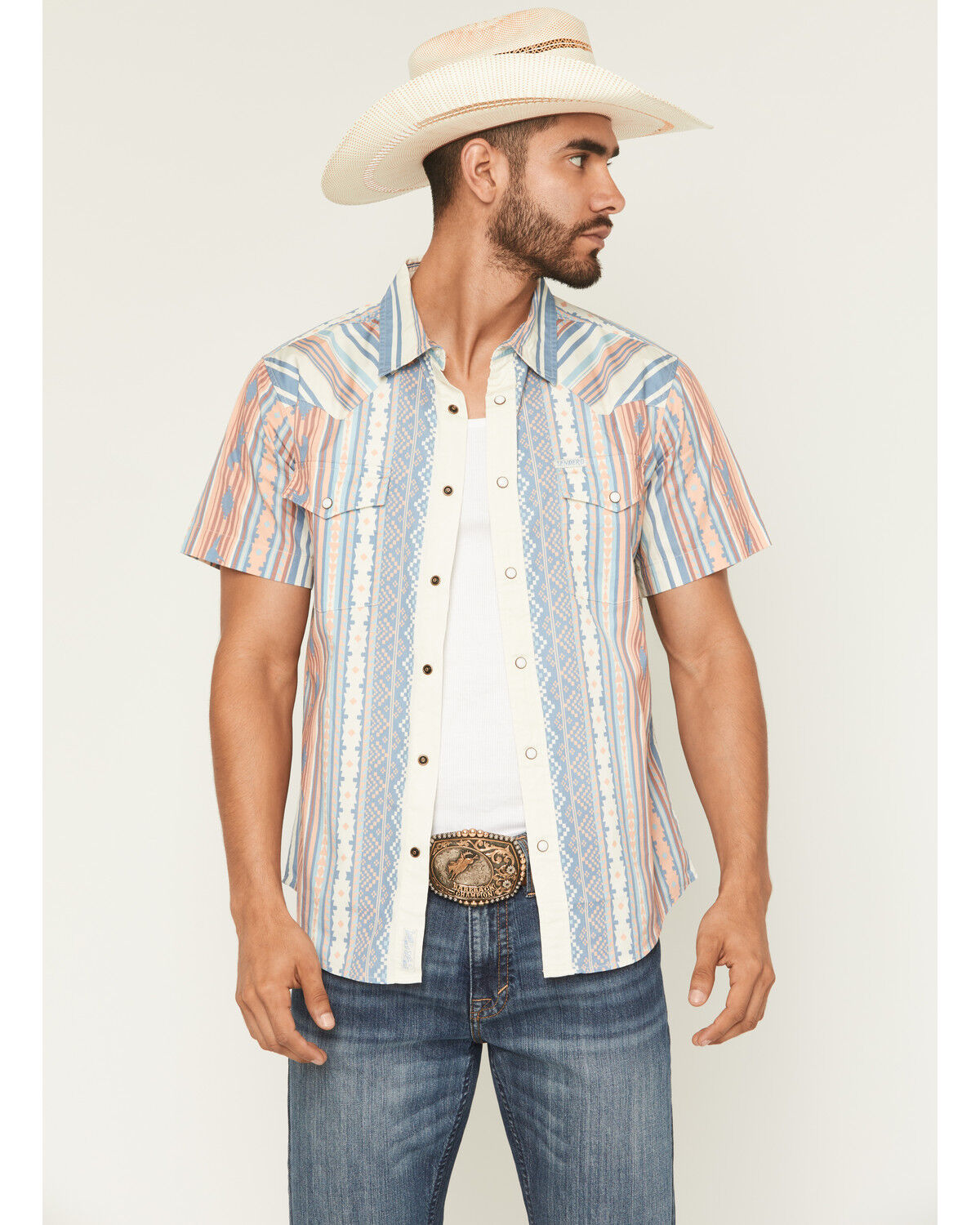 Image #1 - Sendero Provisions Men's Wyatt Serape Striped Short Sleeve Snap Western Shirt, Indigo, hi-res