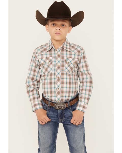 Wrangler Boys' Retro Plaid Print Long Sleeve Snap Western Shirt, Brown, hi-res