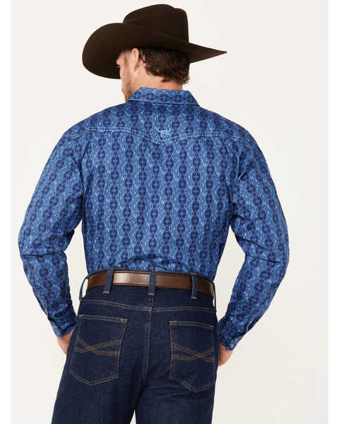 Image #4 - Cowboy Hardware Men's Tonal Southwestern Print Long Sleeve Pearl Snap Western Shirt, Blue, hi-res