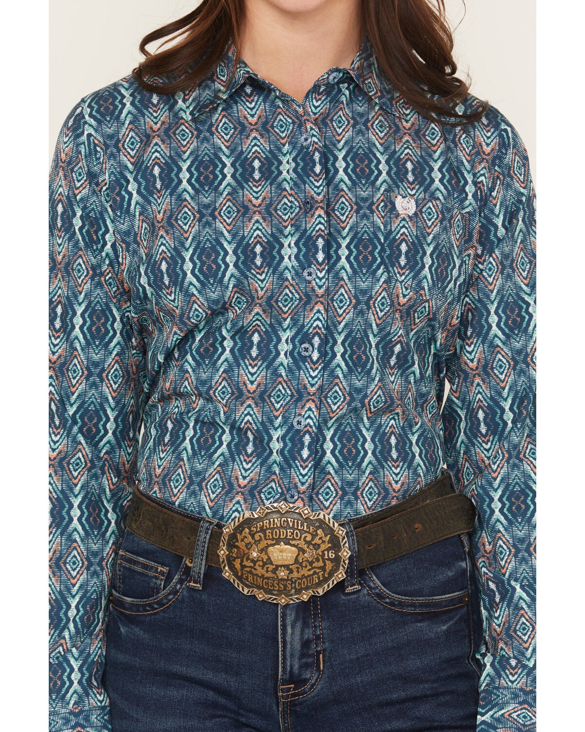 Image #3 - Cinch Women's Southwestern Long Sleeve Button-Down Stretch Western Shirt, Navy, hi-res