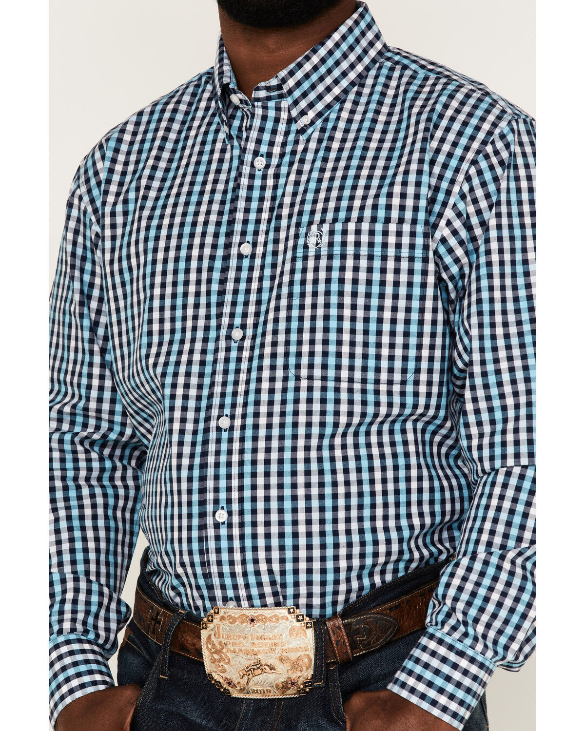 Image #3 - Panhandle Select Men's Check Plaid Print Long Sleeve Button Down Western Shirt, Blue, hi-res