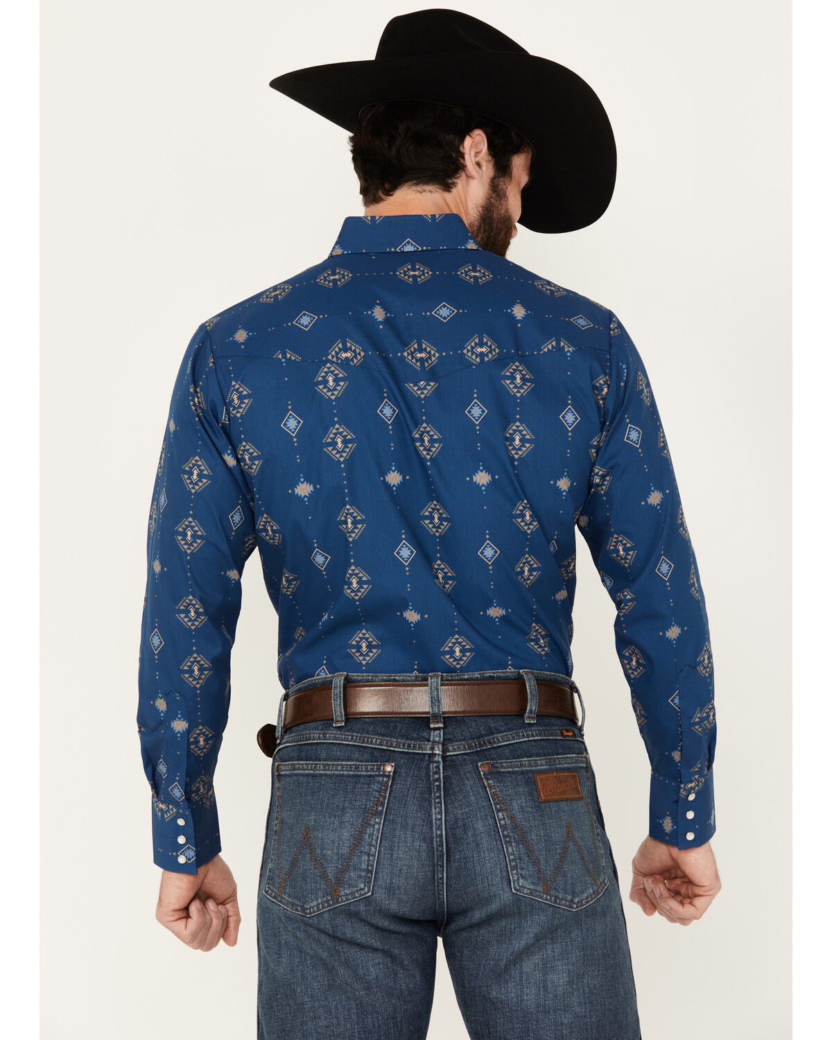Image #4 - Ely Walker Men's Southwestern Print Long Sleeve Pearl Snap Western Shirt, Navy, hi-res