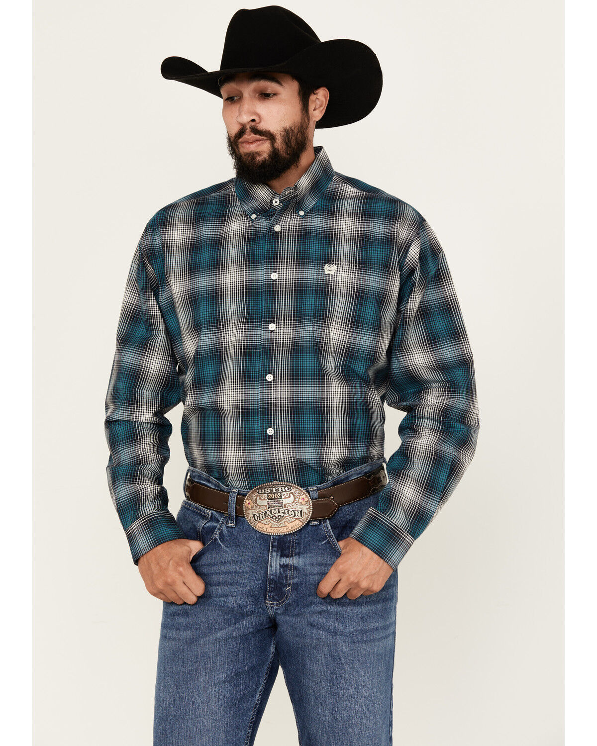 Image #1 - Cinch Men's Plaid Print Long Sleeve Button-Down Western Shirt, Teal, hi-res