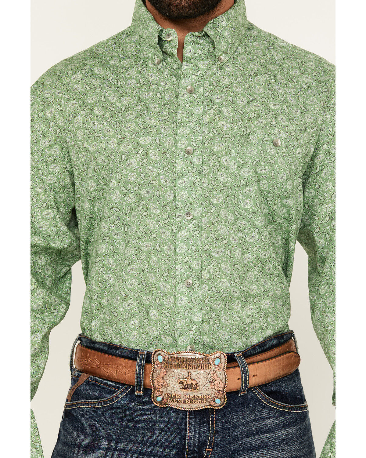 Image #3 - Wrangler Men's Paisley Print Long Sleeve Button-Down Western Shirt, Green, hi-res