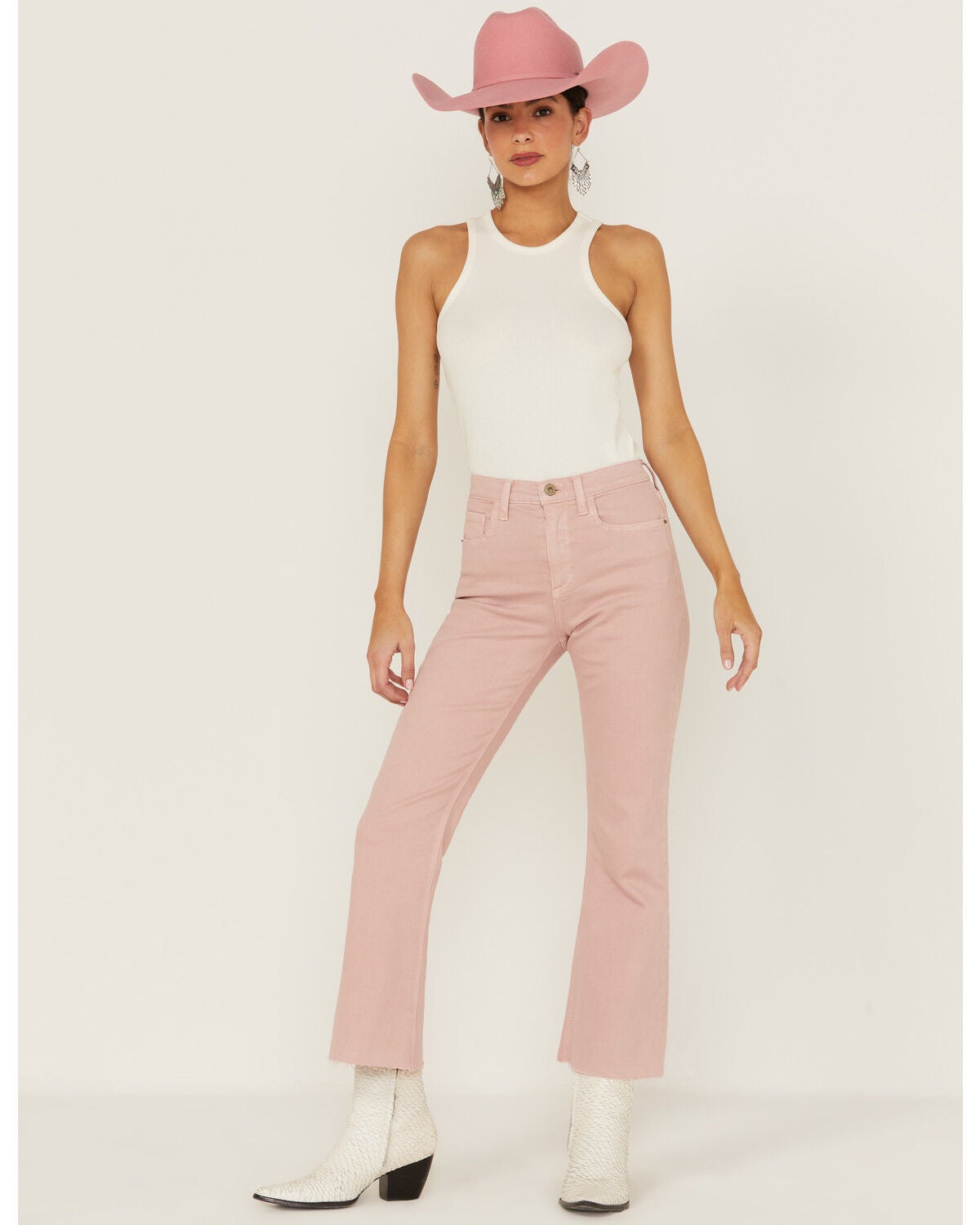 Sneak Peek Women's High Rise Raw Hem Crop Jeans, Pink, hi-res