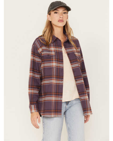 Cleo + Wolf Women's Plaid Print Oversized Long Sleeve Flannel Button-Down Shirt, Violet, hi-res
