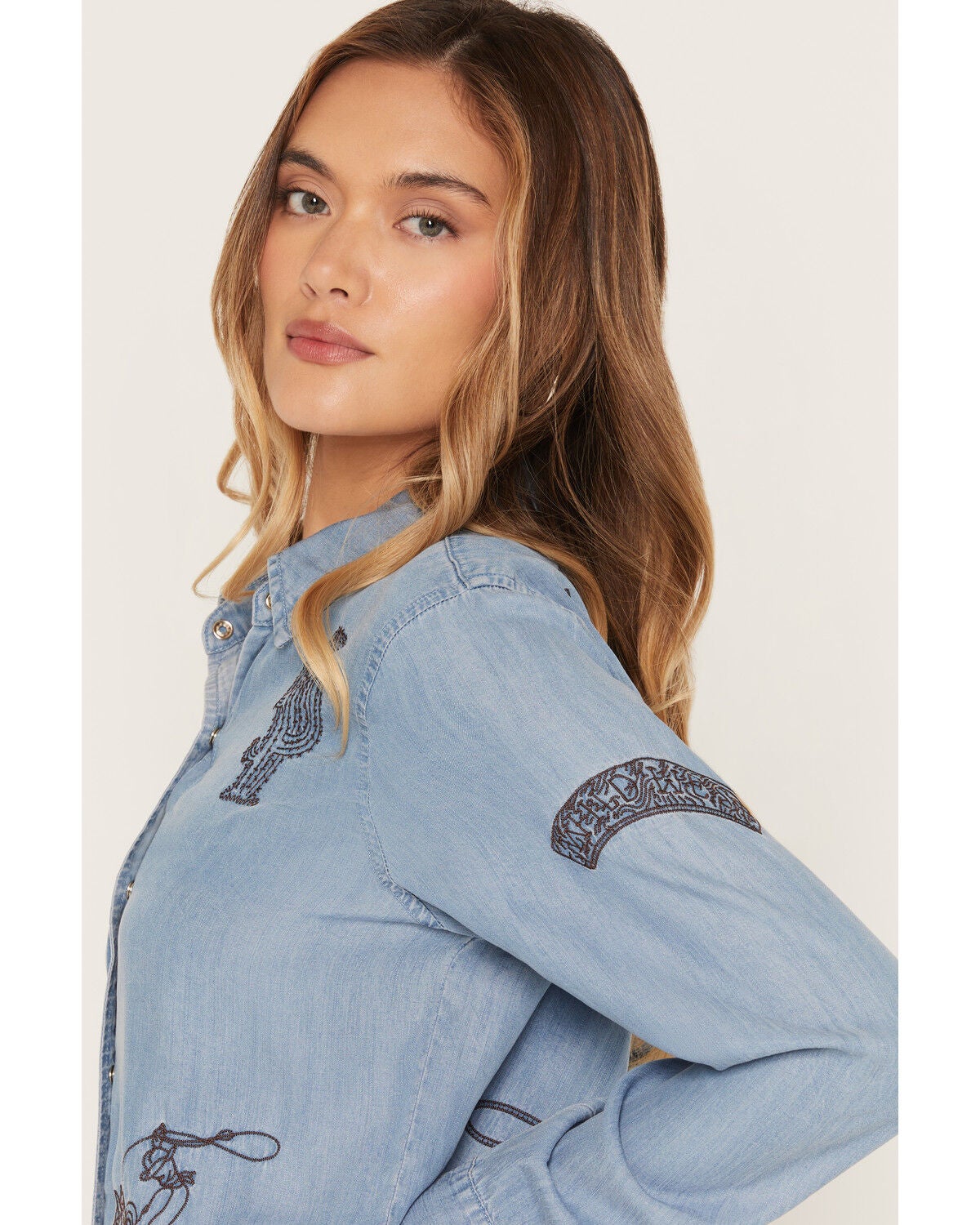Image #2 - Blue B Women's Light Wash Western Embroidered Long Sleeve Pearl Snap Shirt, Light Wash, hi-res