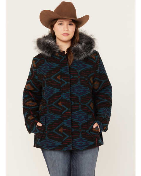 Outback Trading Co. Women's Southwestern Print Faux Fur Myra Coat - Plus, Teal, hi-res