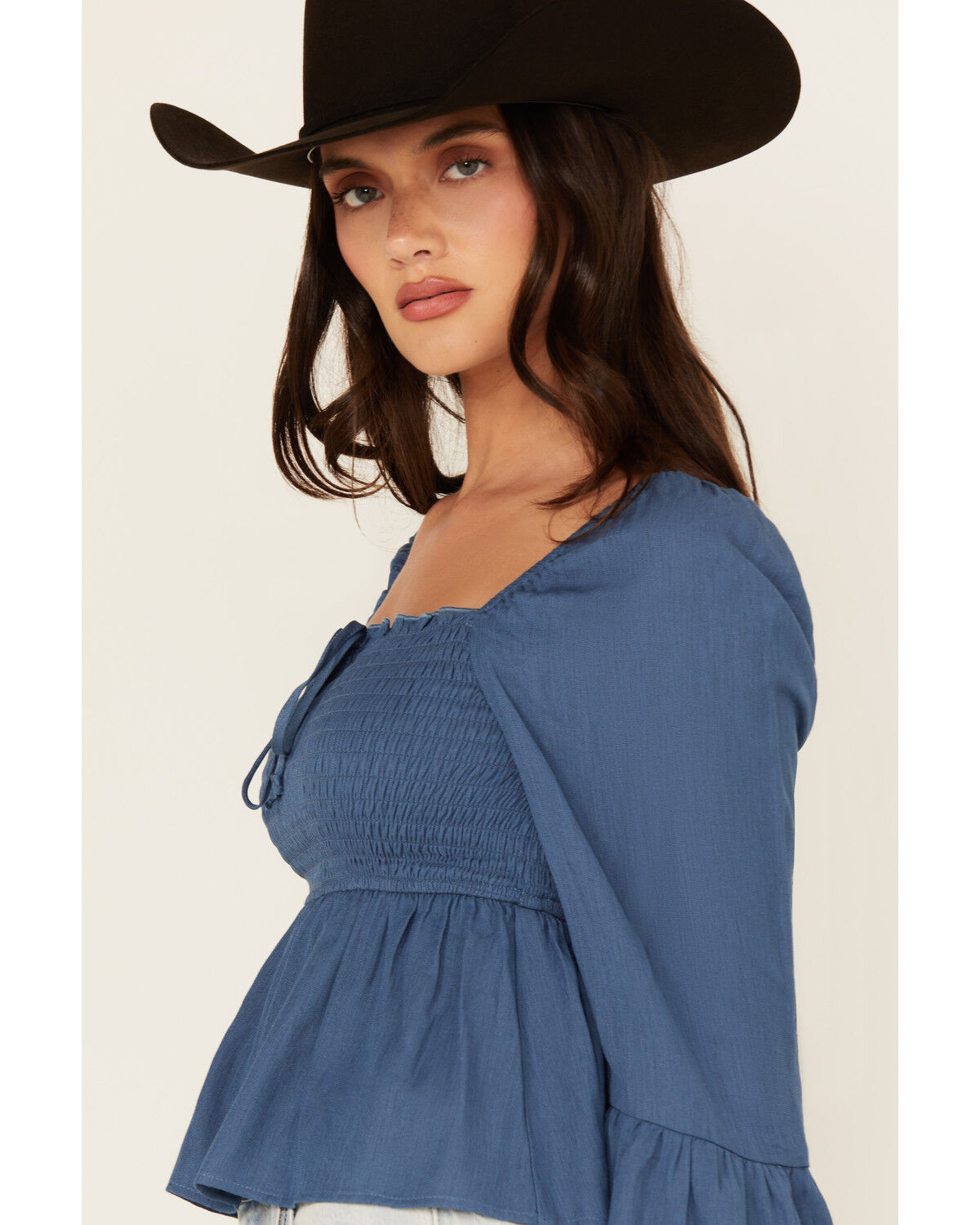 Image #2 - Ash & Violet Women's Smocked Front Bell Sleeve Top, Teal, hi-res