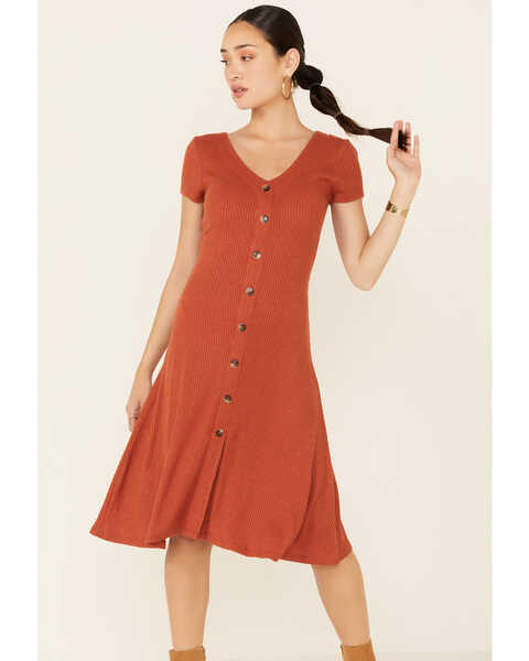 Image #1 - HYFVE Women's Knit Button-Front Fit & Flare Midi Dress, Beige/khaki, hi-res