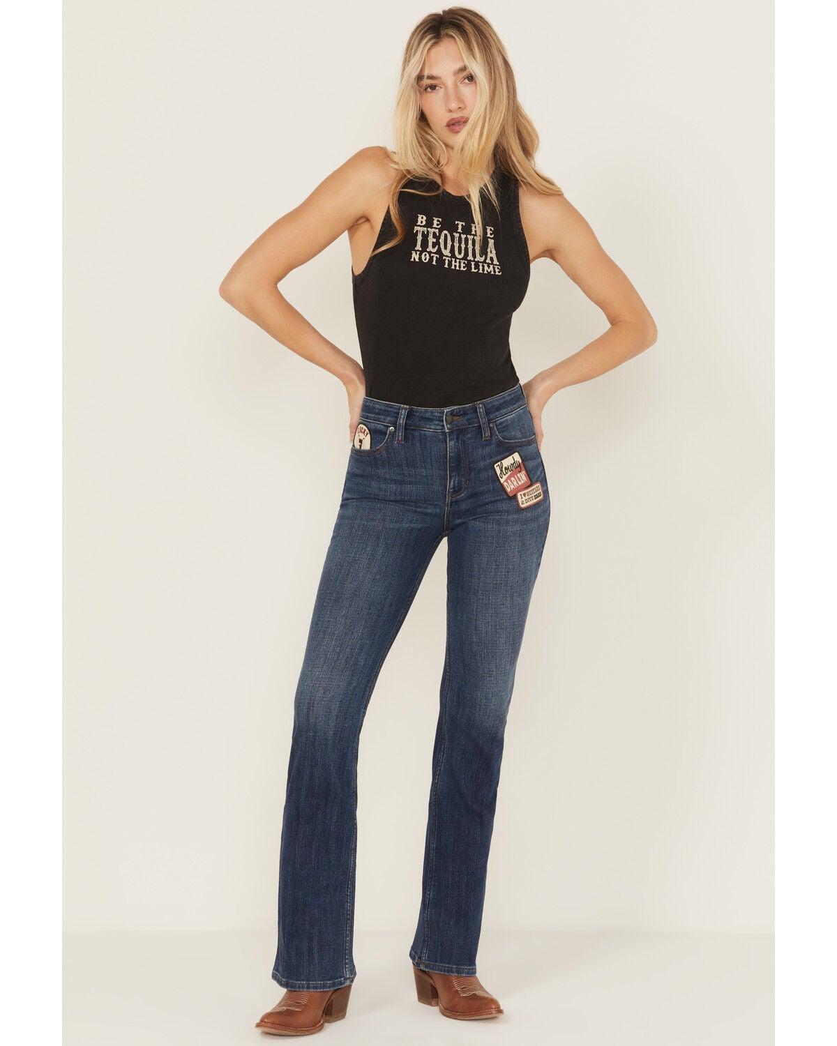 Image #1 - Idyllwind Women's Ellwood Dark Wash High Rise Patch Bootcut Super Stretch Denim Jeans, Dark Wash, hi-res