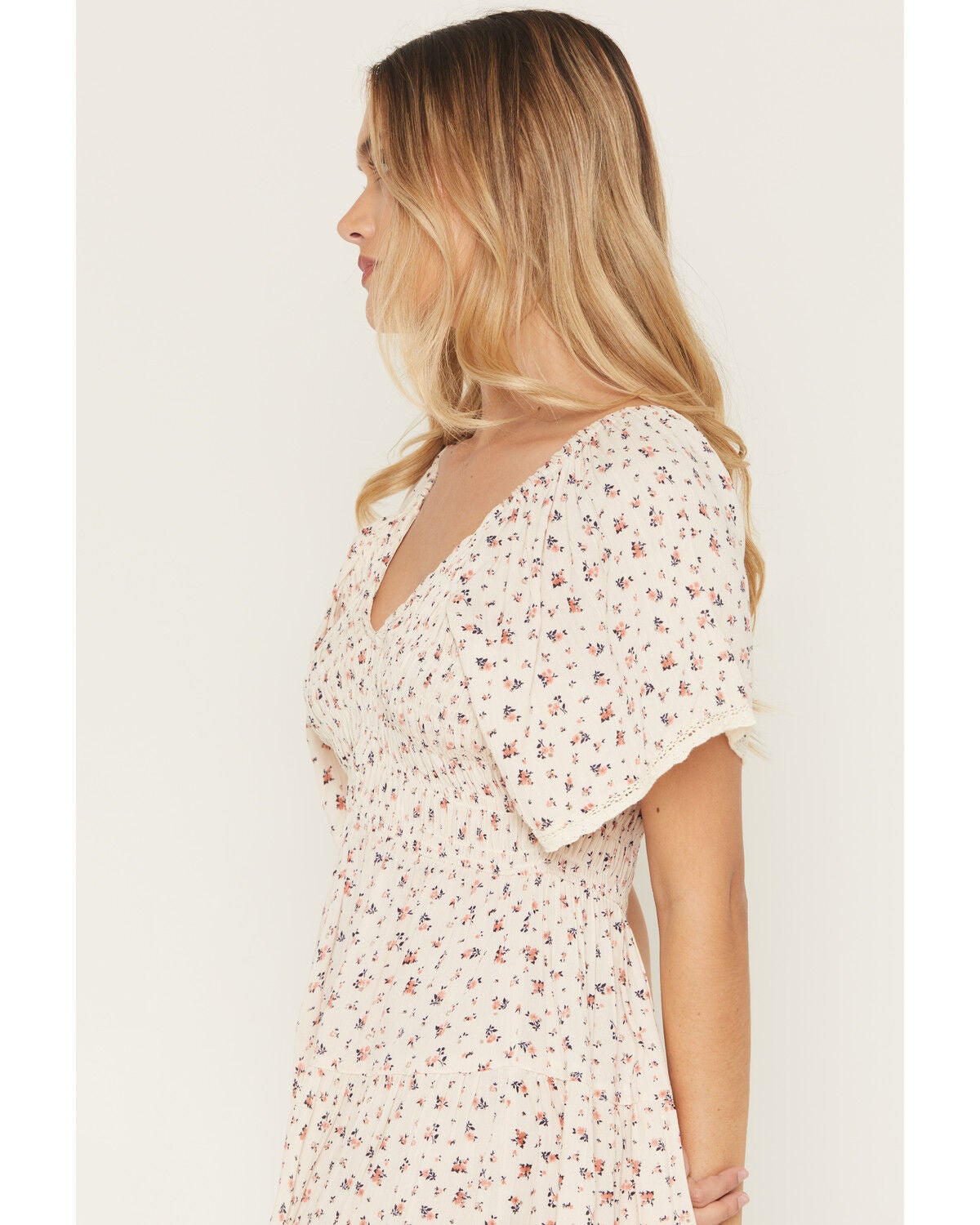 Image #2 - Angie Women's Ditsy Floral Print Short Sleeve Mini Dress, Ivory, hi-res