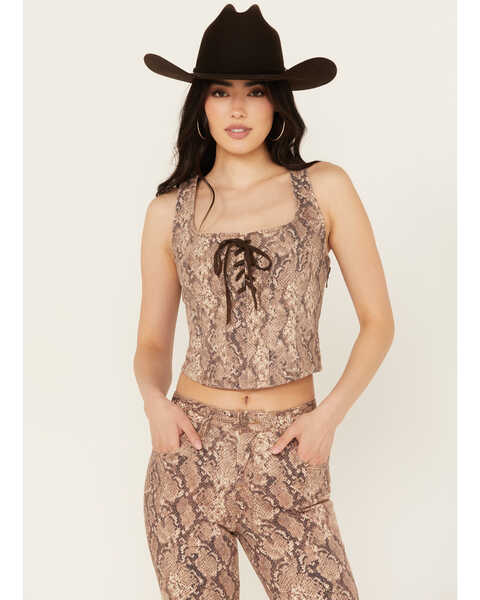 Image #1 - Shyanne Women's Snake Print Cropped Corset Top, Taupe, hi-res