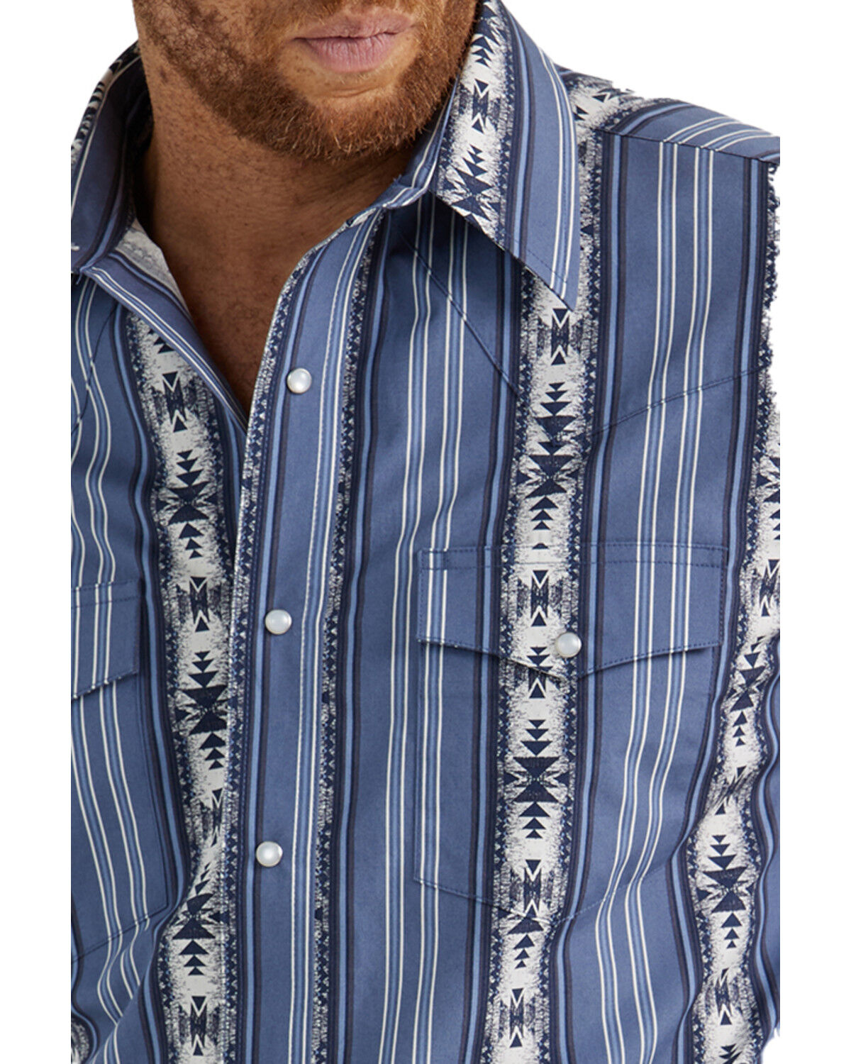 Image #2 - Wrangler Men's Checotah Southwestern Striped Print Long Sleeve Pearl Snap Western Shirt - Tall, Blue, hi-res