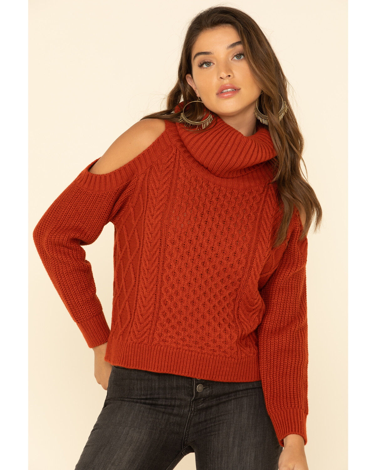 Image #1 - Rock & Roll Denim Women's Cold Shoulder Turtleneck Sweater, , hi-res