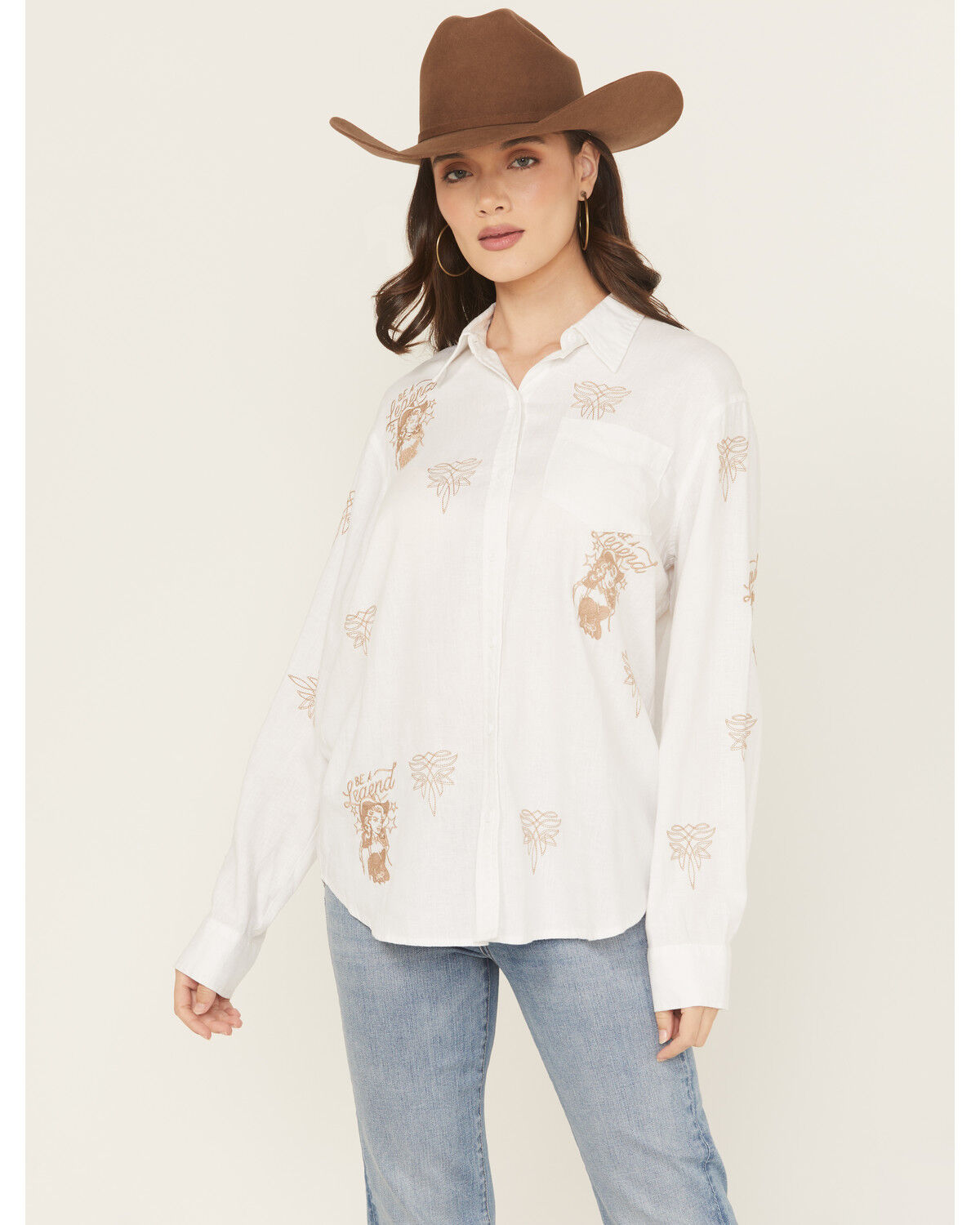 Image #1 - Blue B Women's Western Embroidered Long Sleeve Button-Down Western Shirt, Off White, hi-res
