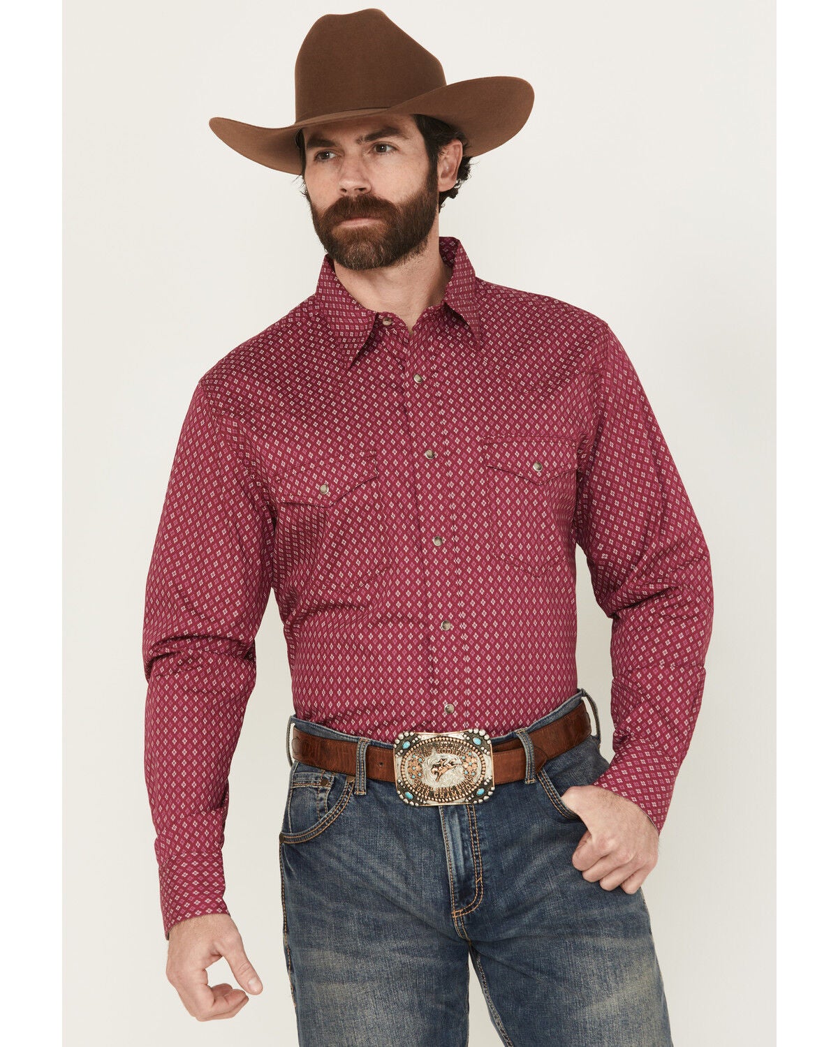 Wrangler Men's 20X Geo Print Long Sleeve Snap Stretch Western Shirt - Tall, Wine, hi-res