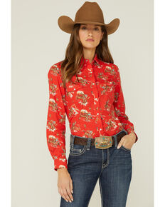 Panhandle Women's Red Cowboy Print Long Sleeve Snap Western Core Shirt , Red, hi-res
