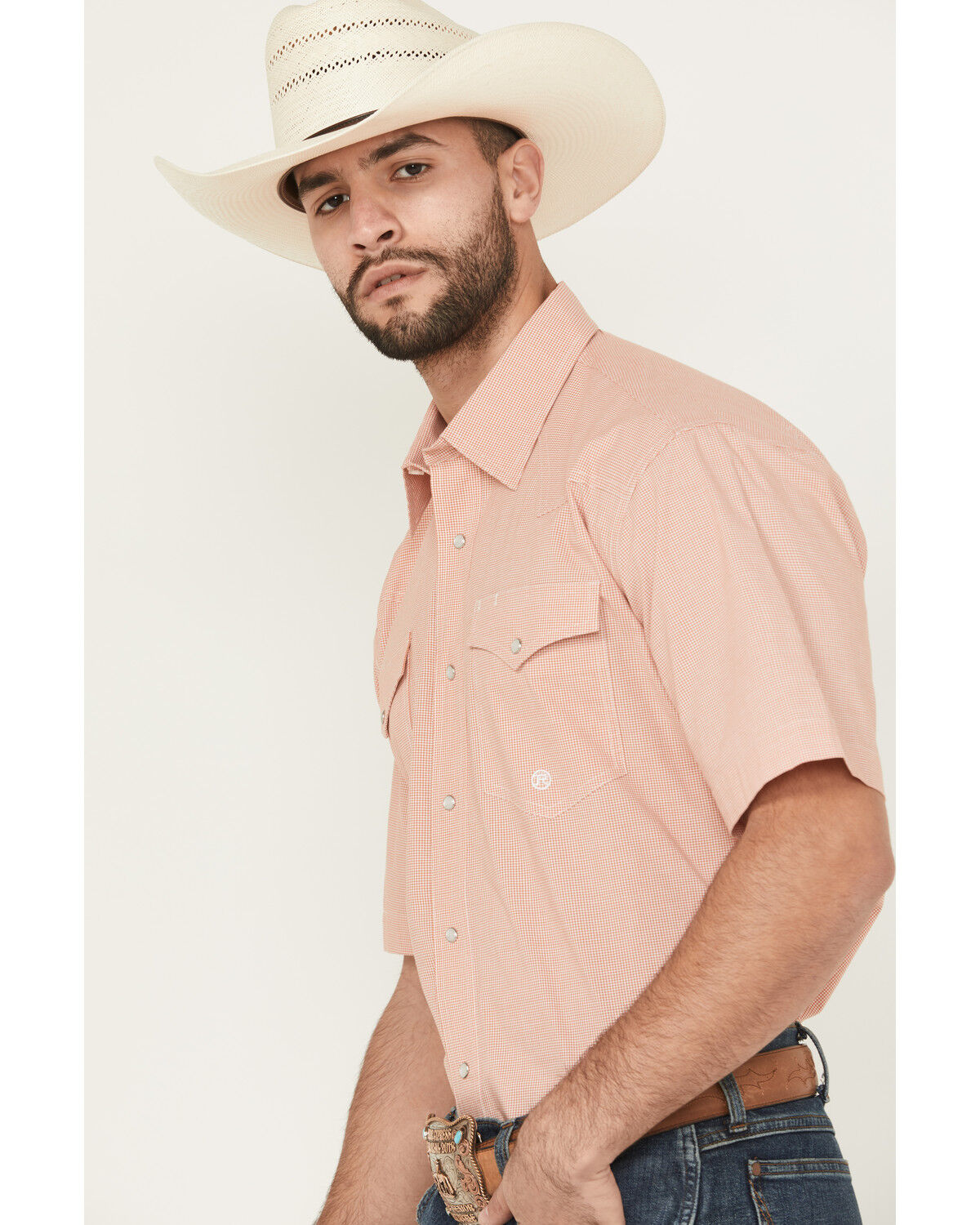 Image #2 - Roper Men's Amarillo Plaid Print Short Sleeve Pearl Snap Stretch Western Shirt, Orange, hi-res