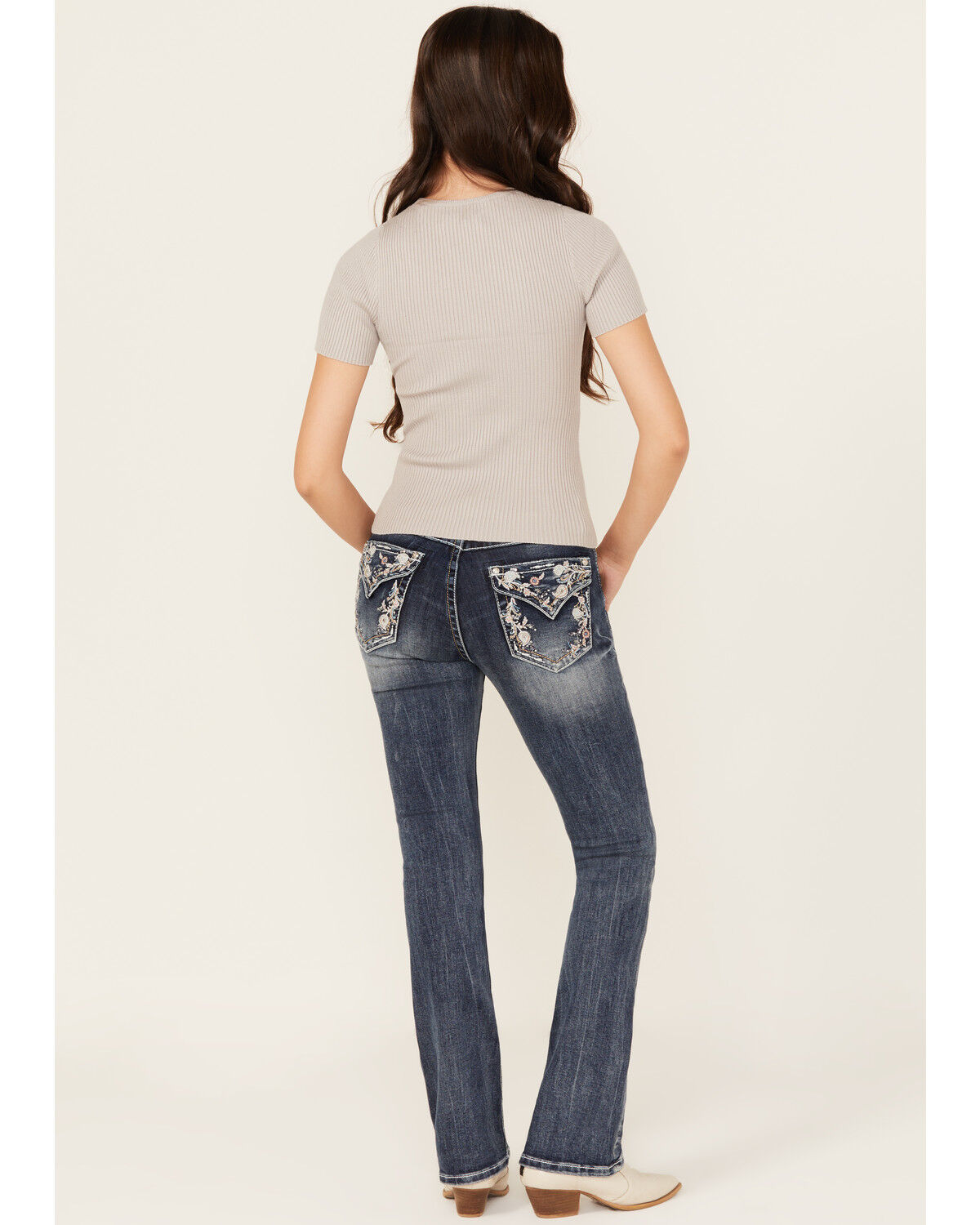 Image #1 - Grace In LA Women's Medium Wash Floral Paisley Embroidered Mid Rise Bootcut Stretch Denim Jeans, Medium Wash, hi-res