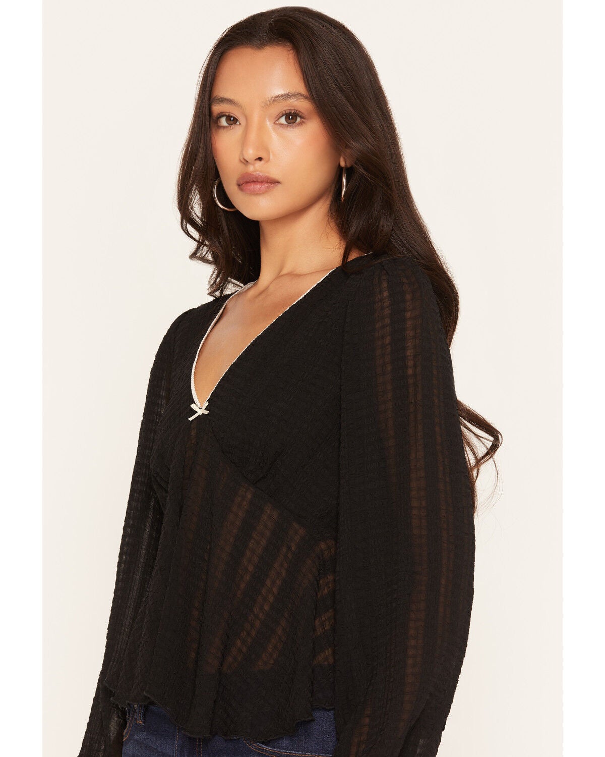 Image #2 - Wild Moss Women's Solid Bow Trim Long Sleeve Top, Black, hi-res