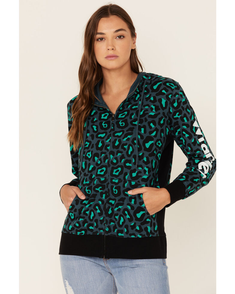 Wrangler Women's Leopard Print Logo Hoodie, Green, hi-res