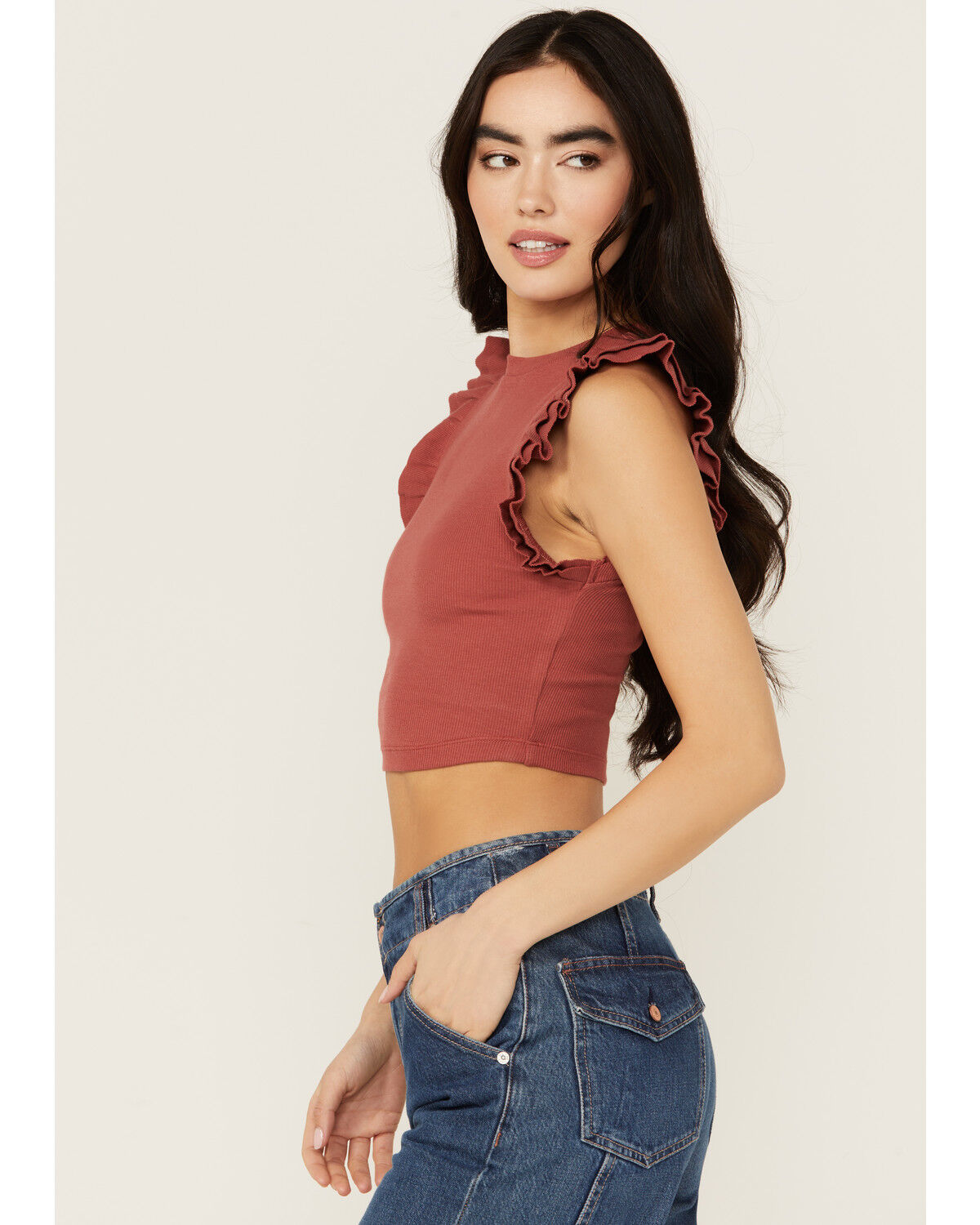Image #4 - Shyanne Women's Ruffle Sleeve Ribbed Cropped Top, Rust Copper, hi-res