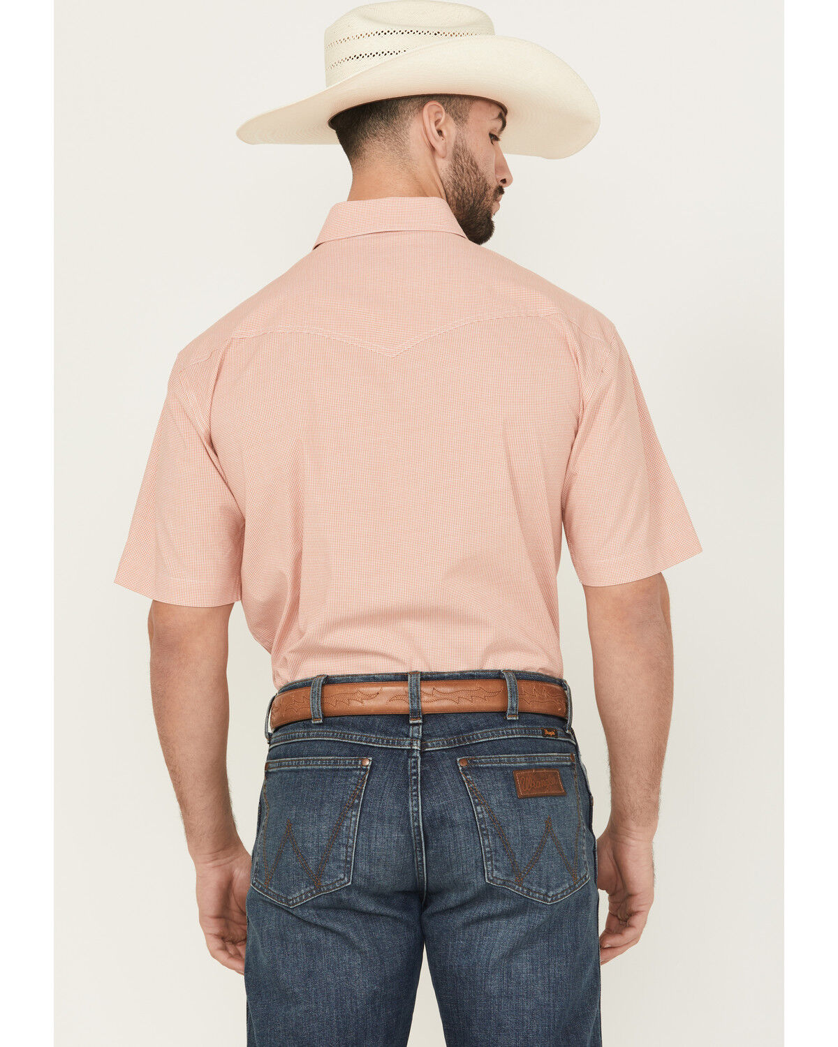 Image #4 - Roper Men's Amarillo Plaid Print Short Sleeve Pearl Snap Stretch Western Shirt, Orange, hi-res