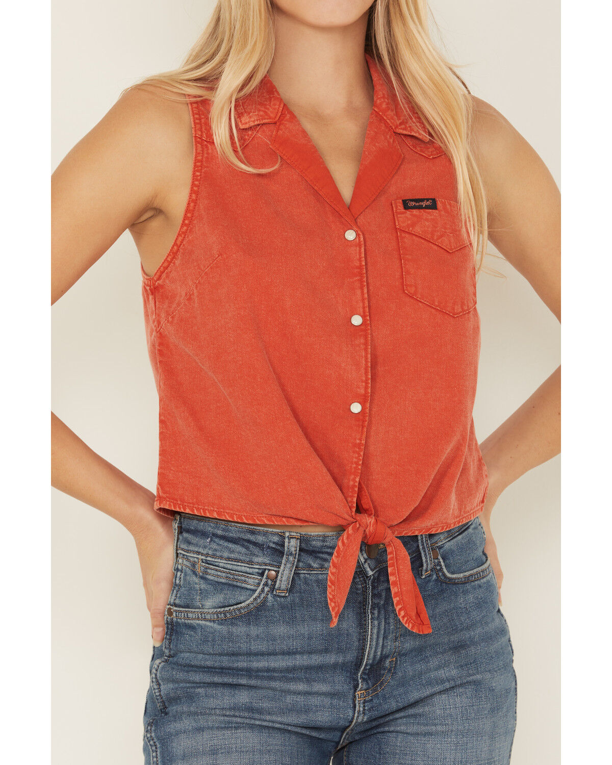 Image #3 - Wrangler Retro Women's Solid Sleeveless Snap Tie-Front Western Shirt, Red, hi-res