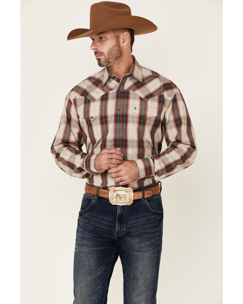 Stetson Men's Sandy Ombre Plaid Long Sleeve Snap Western Shirt , Red, hi-res