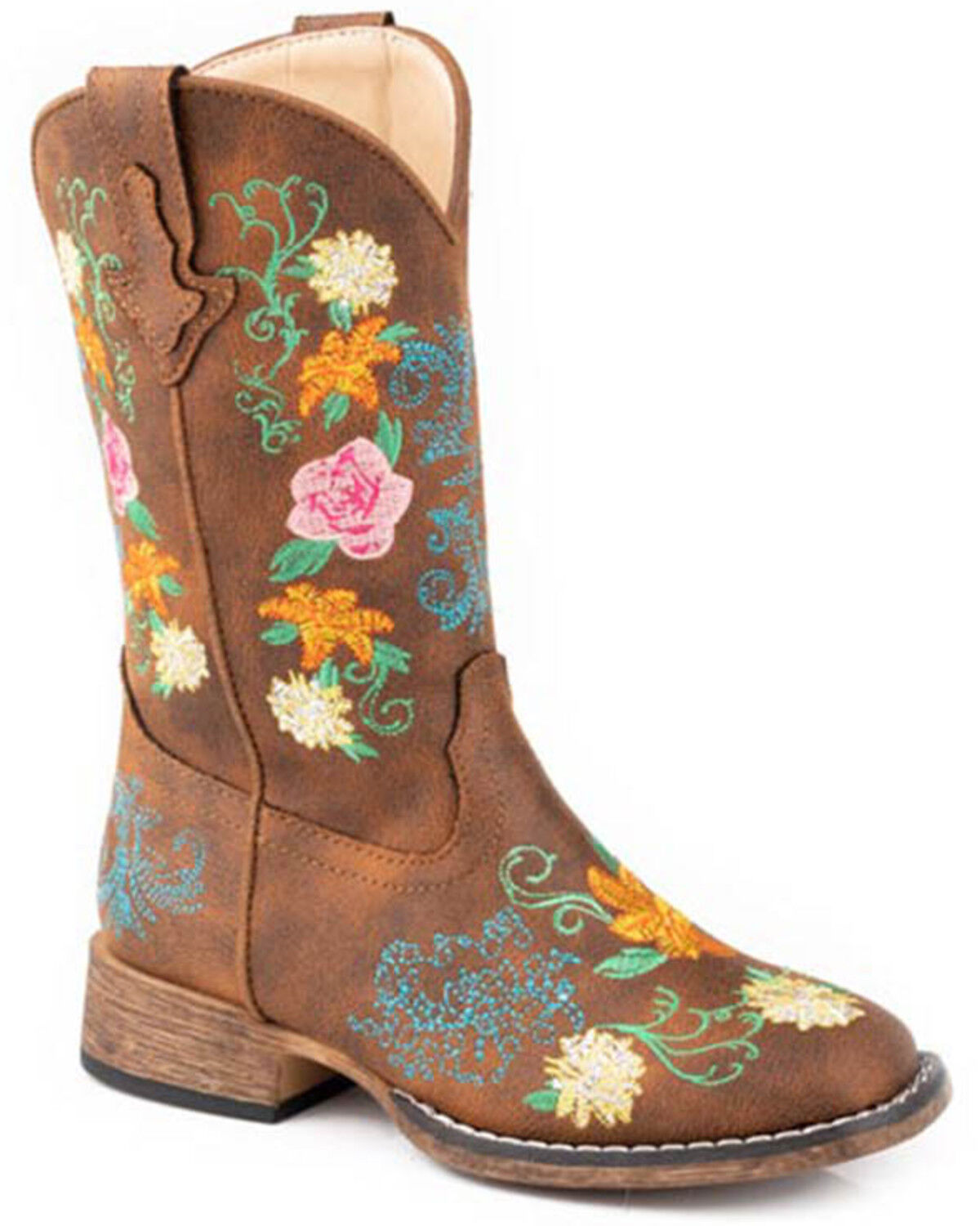 Image #1 - Roper Little Girls' Bailey Floral Western Boots - Broad Square Toe, Tan, hi-res