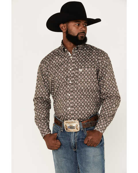 Image #1 - Rough Stock by Panhandle Men's Southwestern Print Stretch Long Sleeve Button-Down Western Shirt, Taupe, hi-res