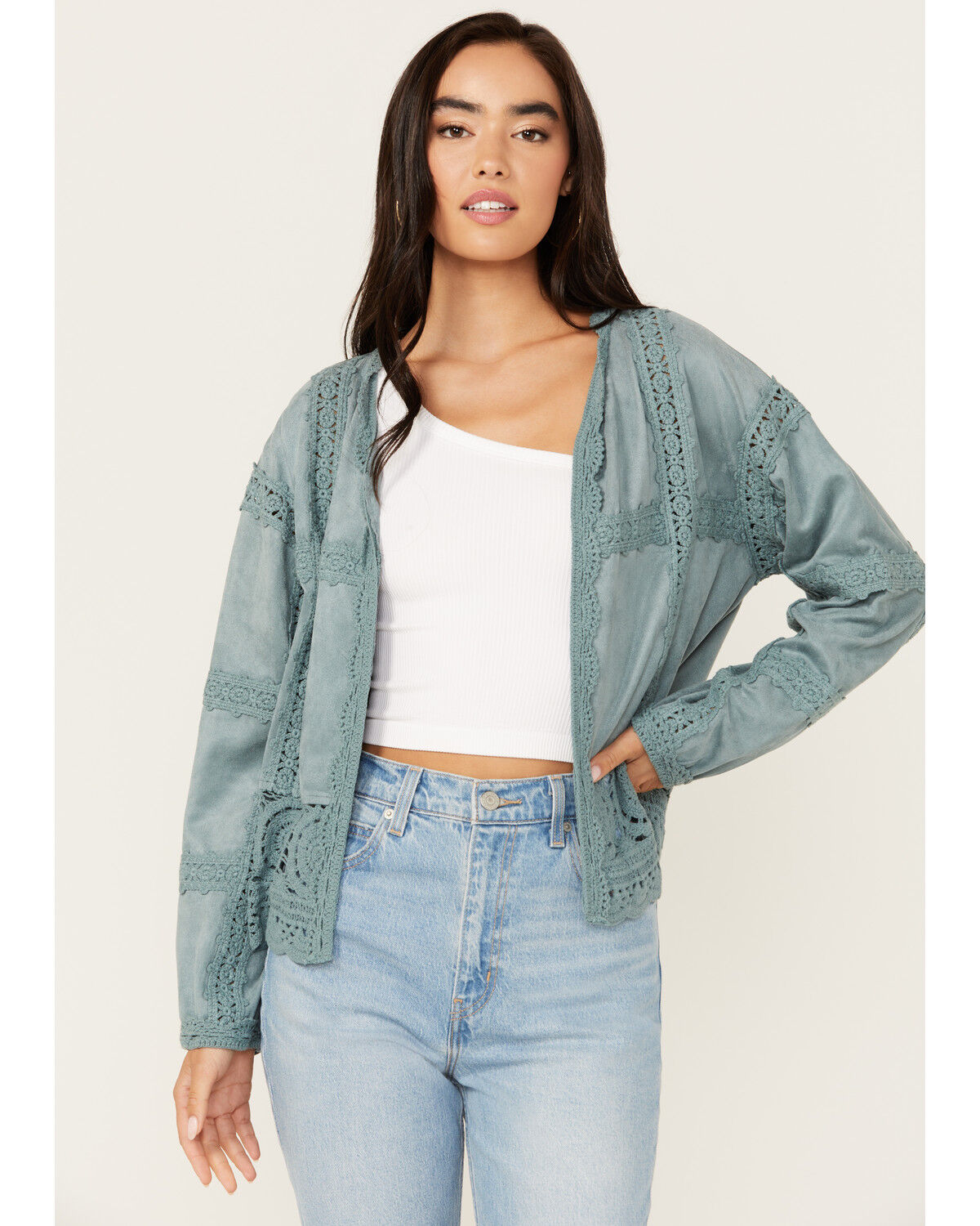 Image #1 - Miss Me Women's Crochet Faux Suede Jacket, Blue, hi-res
